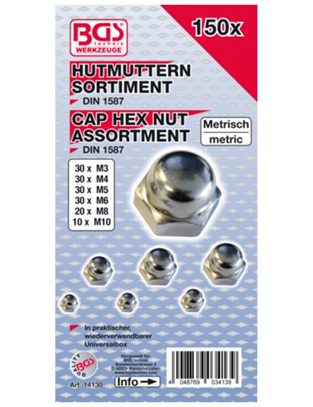 BGS TECHNIC Hutmuttern-Sortiment 14130, 150-tlg.