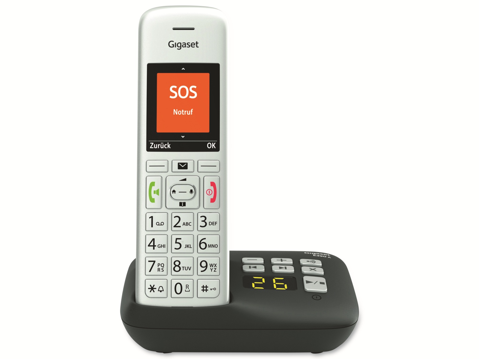 GIGASET Telefon E390A, mit Anrufbeantworter, silber-schwarz