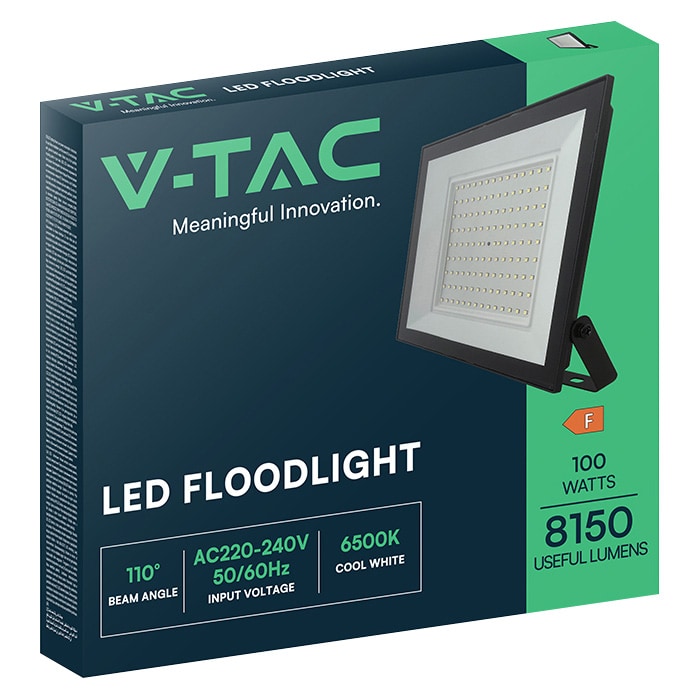 V-TAC LED-Fluter, VT-44109, 100 W, 6500K, EEK: F, 8150 lm, kaltweiß, IP65, schwarz