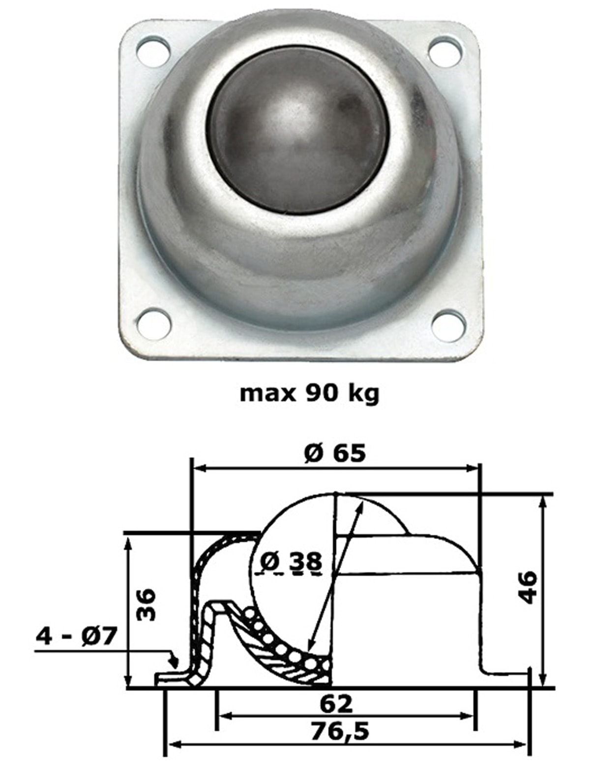 Kugelrolle, 77x77x50 mm, 90 kg, Stahl