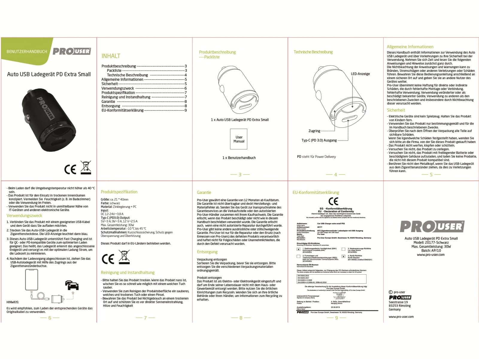 PROUSER Mini KFZ USB-Lader PD2, 30 W, USB-C