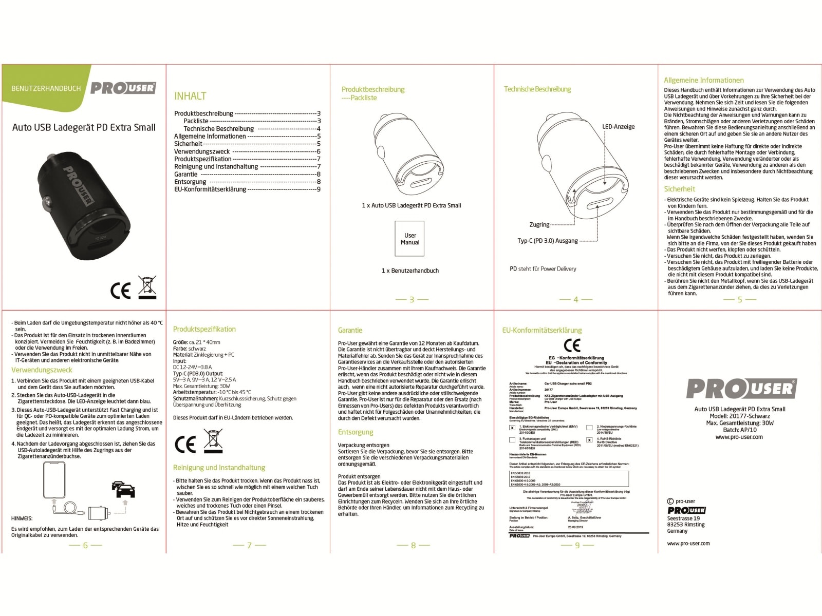 PROUSER Mini KFZ USB-Lader PD2, 30 W, USB-C PROUSER Mini KFZ USB-Lader PD2, 30 W, USB-C