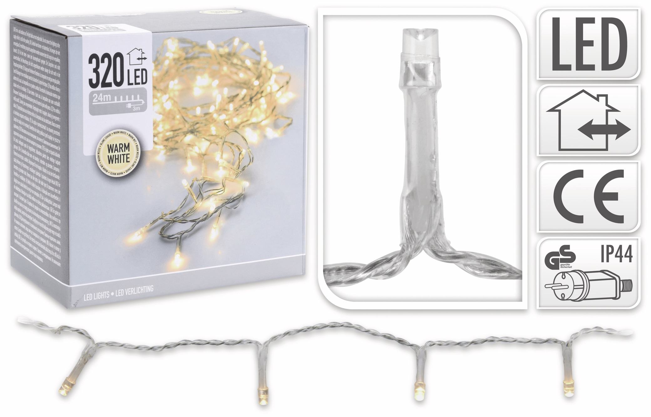 LED-Lichterkette, 320 LEDs, warmweiß, 230V~, IP44, Innen/Außen, silber/transparent