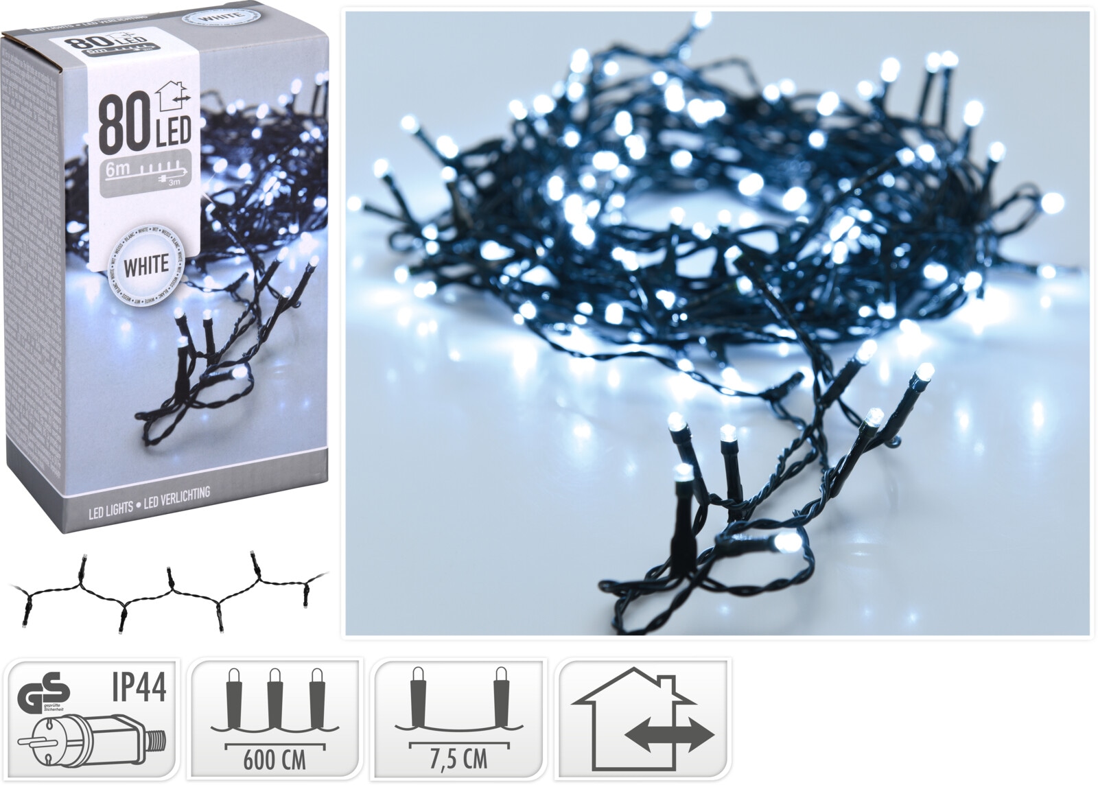 LED-Lichterkette, 80 LEDs, kaltweiß, 230 V~, grün, Innen/Außen, 6 m