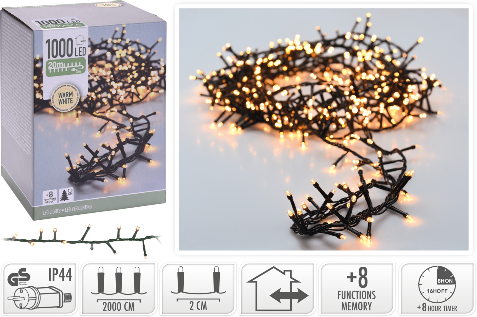 KOOPMAN LED-Clusterlichterkette warmweiß, 1000 LEDs, Grünes Kabel, Innen/Außen, 23m