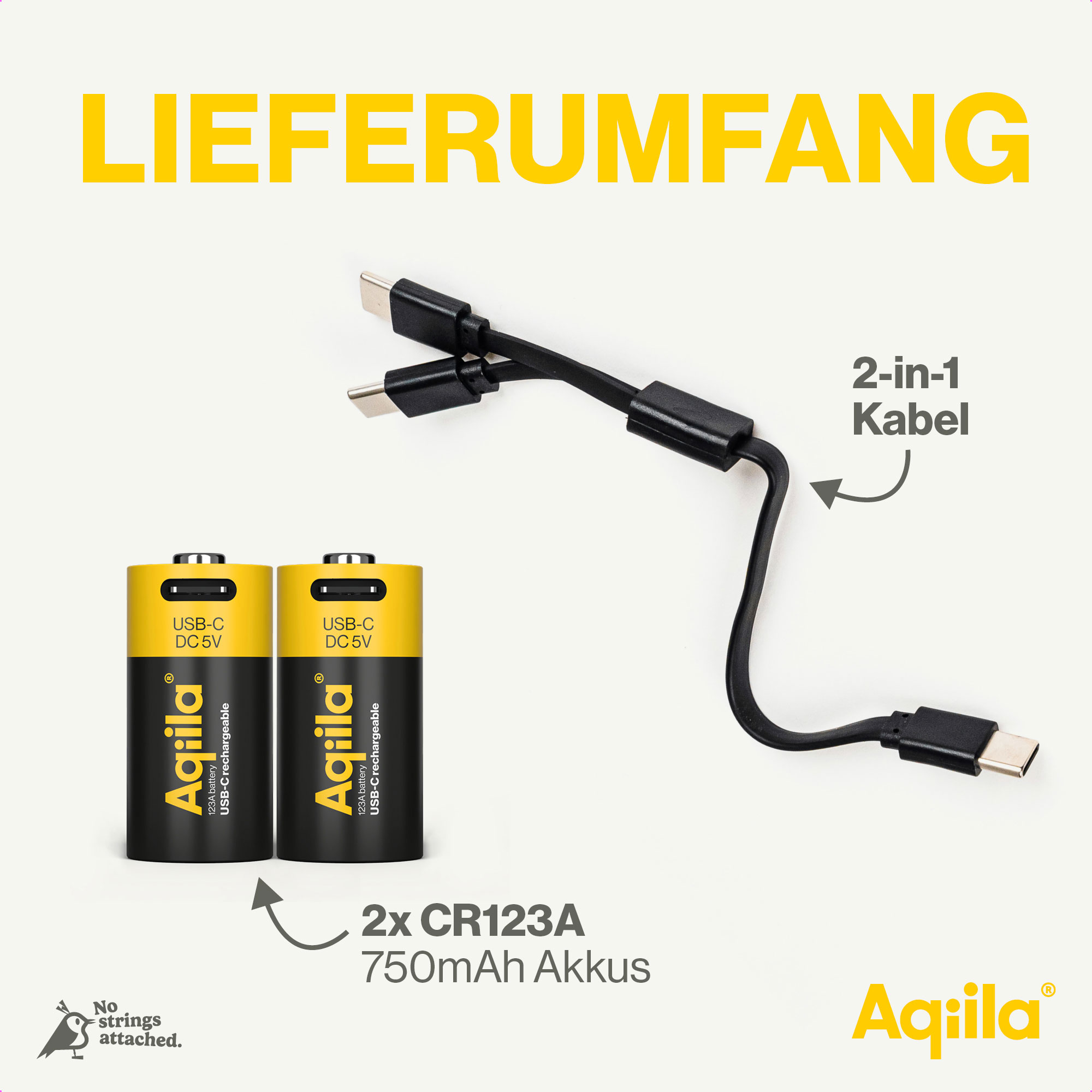 Li-lon-Akku AQILLA, CR123A, USB-C, 3 V, 2er Pack
