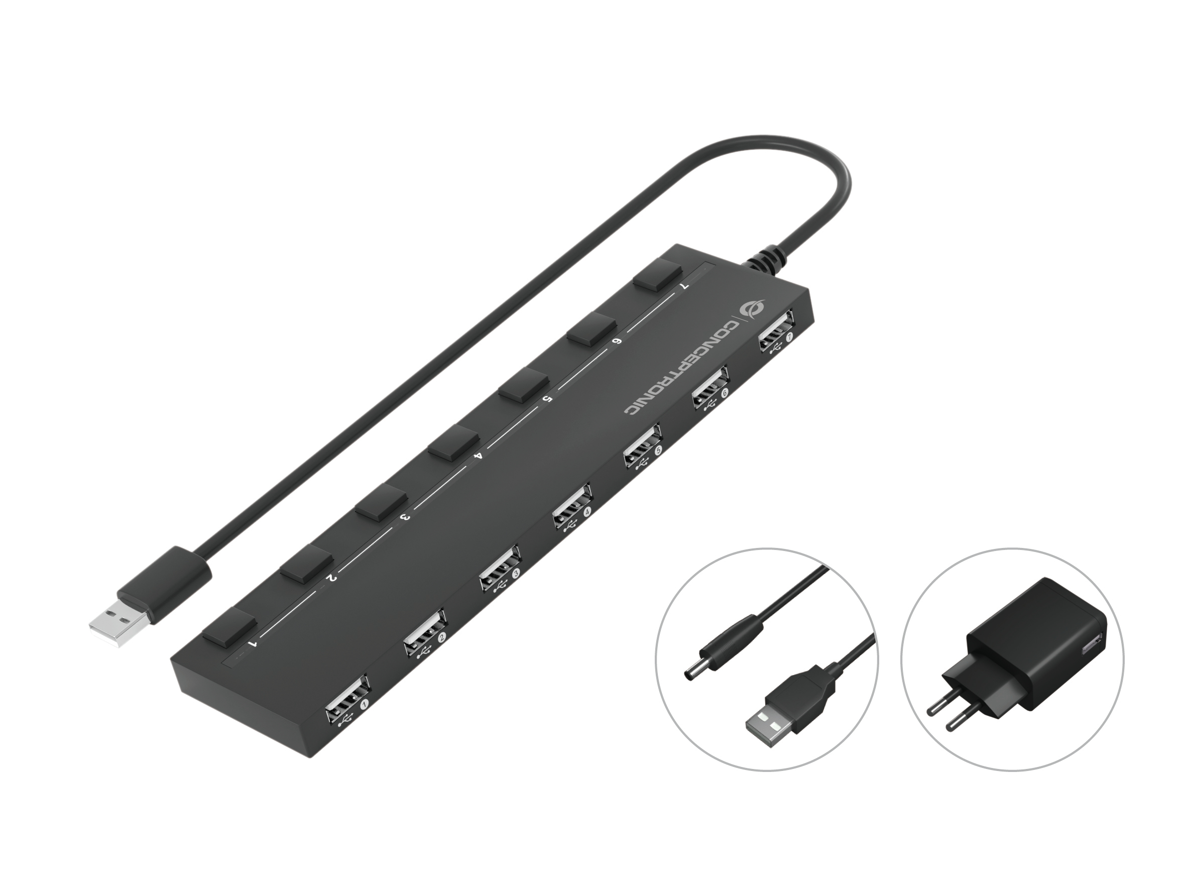 CONCEPTRONIC USB-Hub 7-Port 2.0 zu 7 x 2.0, schwarz