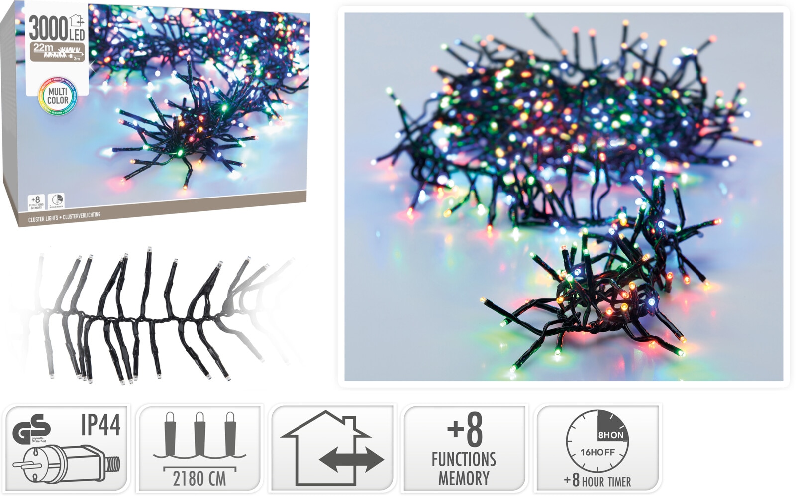 KOOPMAN LED-Clusterlichterkette Büschel bunt, 3000 LEDs, schwarzes Kabel, Innen/Außen, 25m
