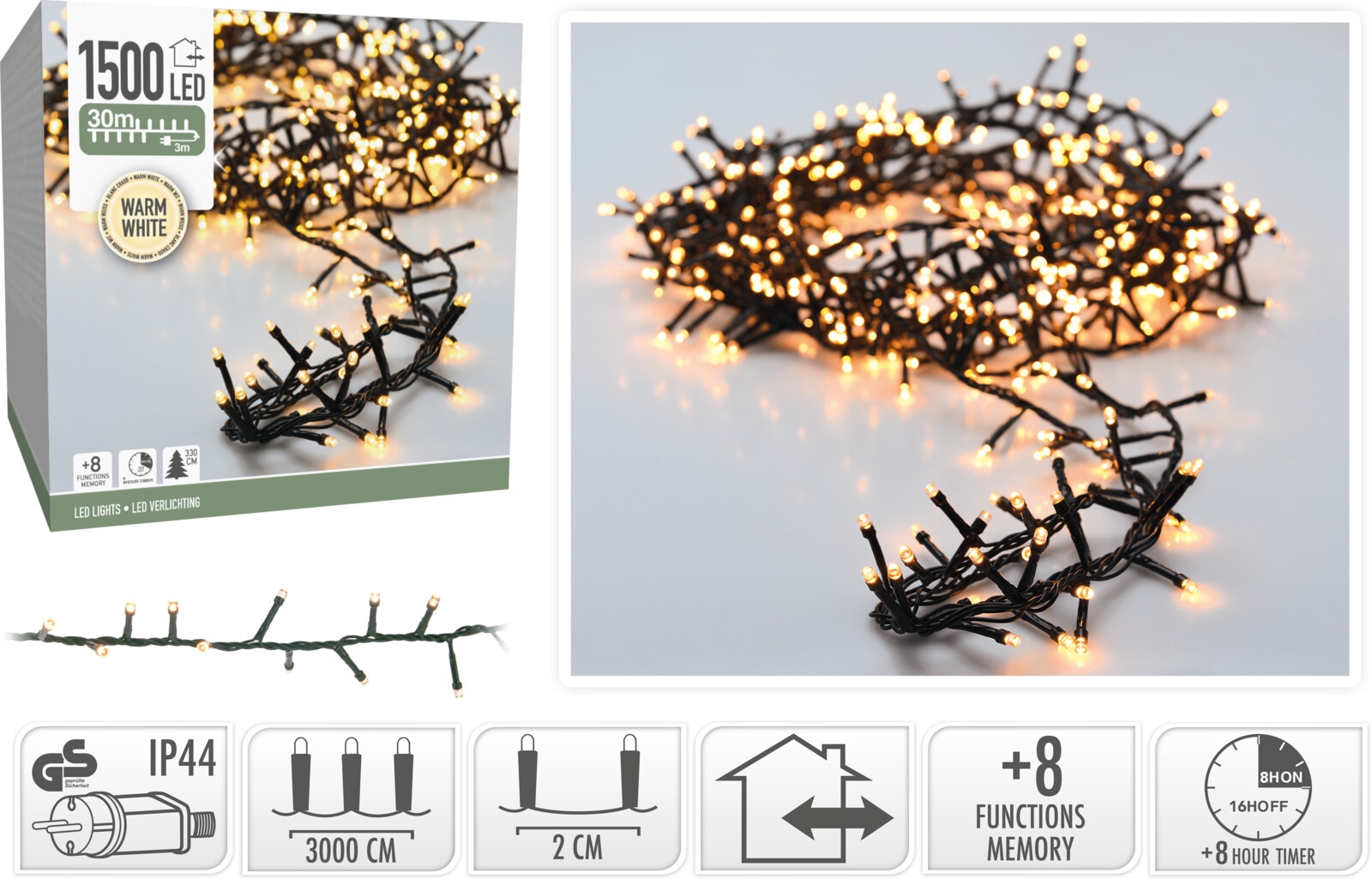 KOOPMAN LED-Clusterlichterkette warmweiß, 1500 LEDs, Grünes Kabel, Innen/Außen, 33m