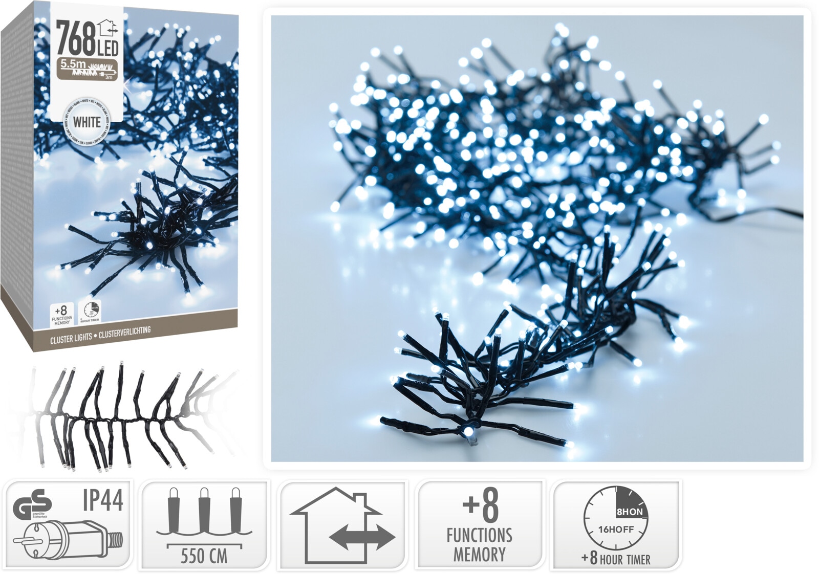 LED-Clusterlichterkette Büschel kaltweiß, 768 LEDs, sw Kabel, Innen/Außen, 8,5m KOOPMAN LED-Clusterlichterkette Büschel kaltweiß, 768 LEDs, sw Kabel, Innen/Außen, 8,5m