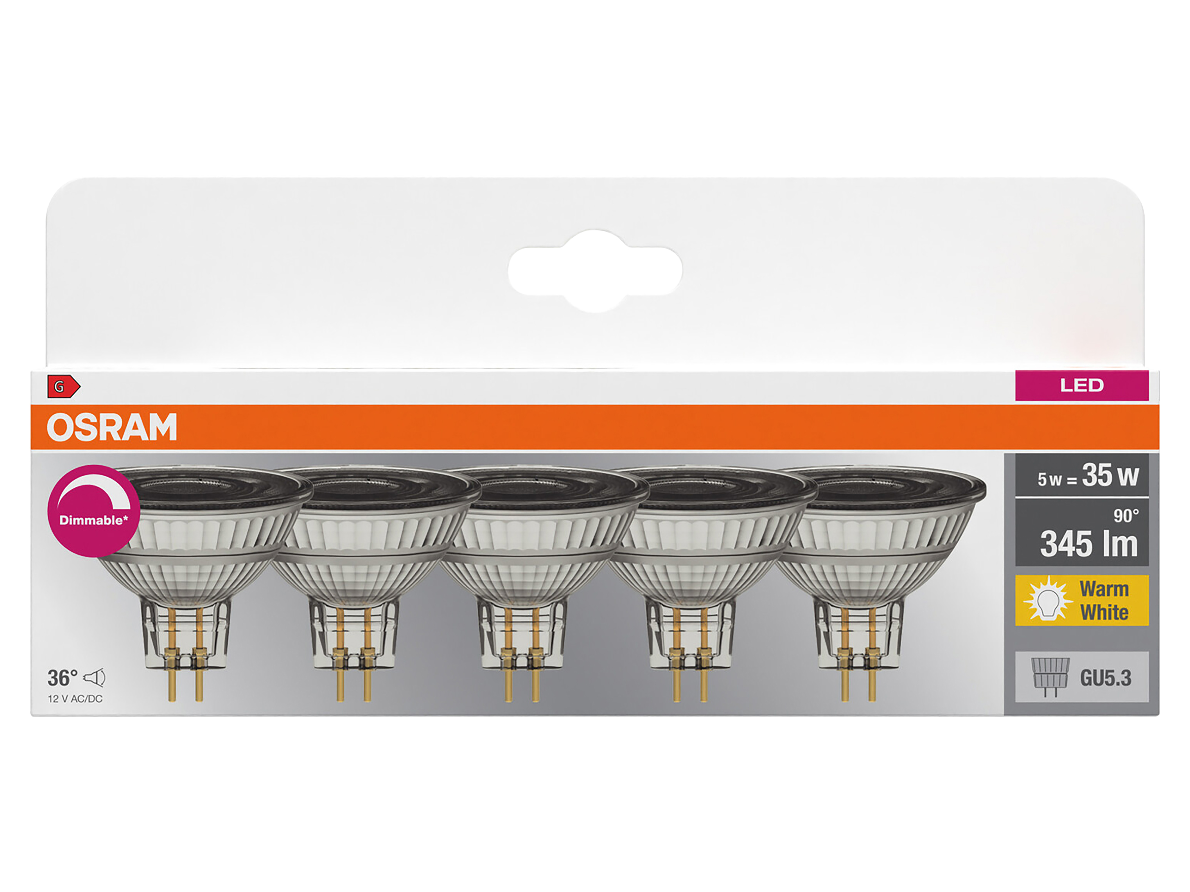 OSRAM LED-Reflektorlampen, GU5.3, 5W, 2700K, EEK: G, 345lm, warmweiß, IP20, 5 Stück