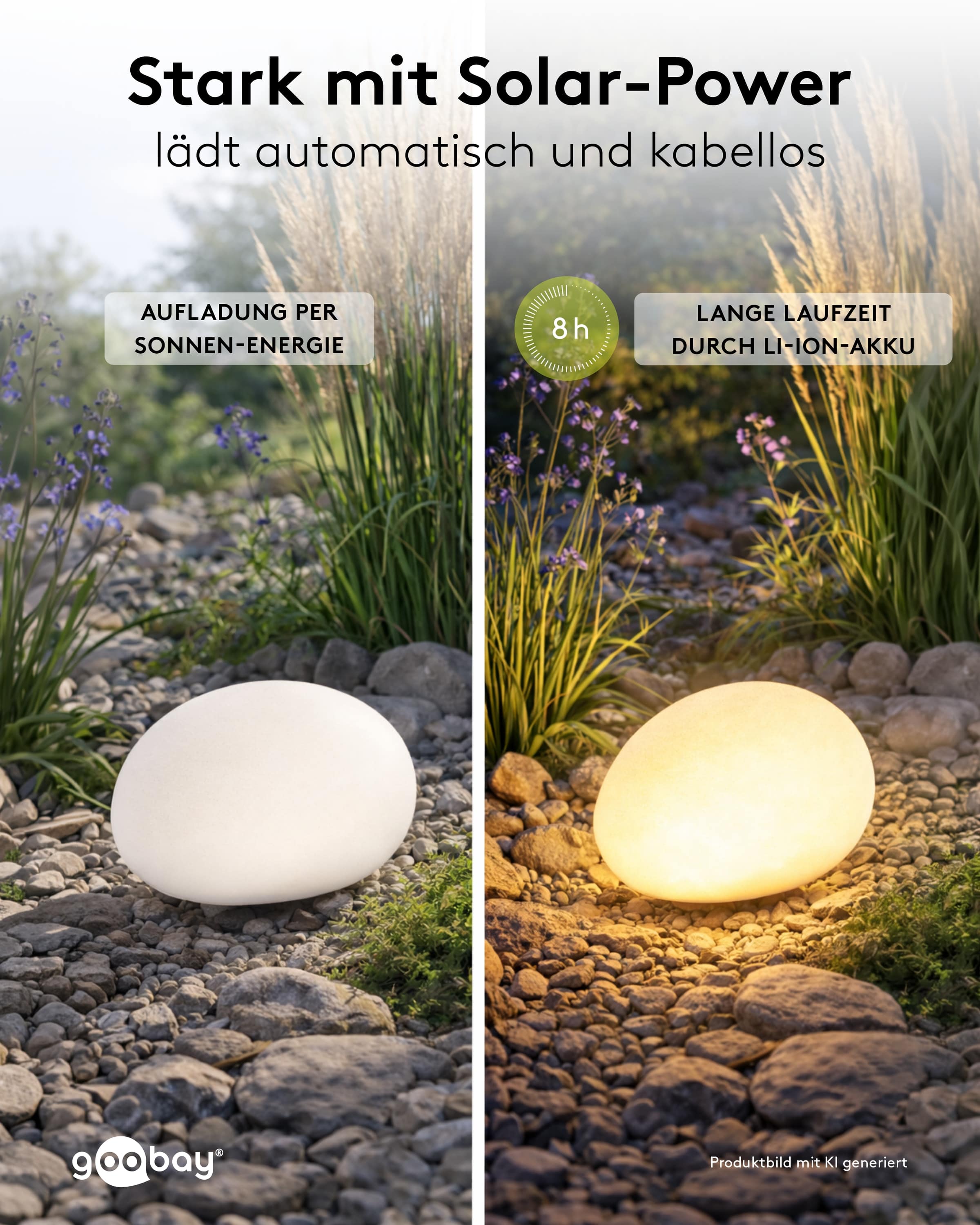 GOOBAY LED-Solar-Gartenleuchten, 24 cm, Stein, Größe M, RGBW, 2 Stück
