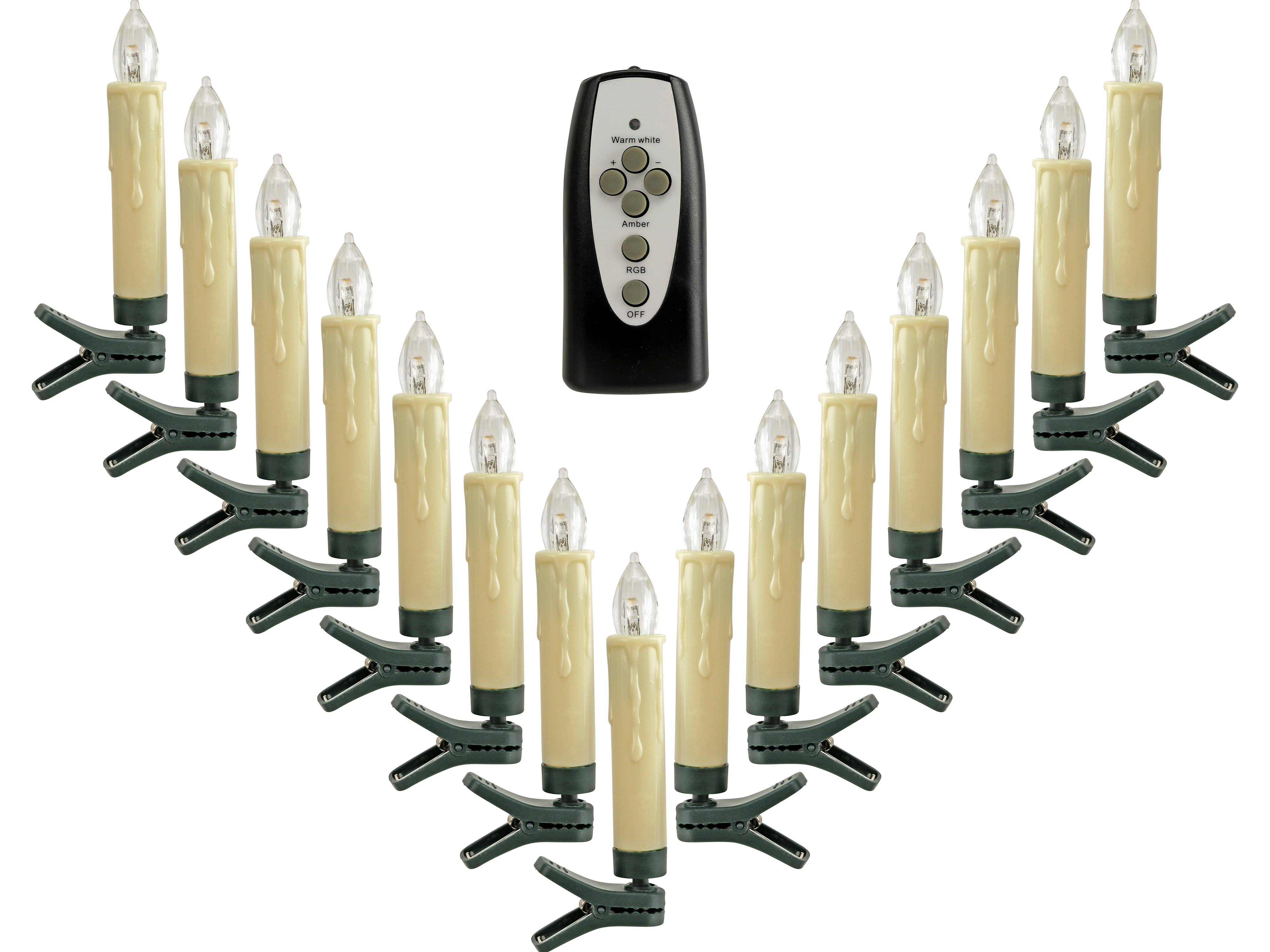 Kabellose LED-Baumkerzen, warmweiß, RGB, Dimmbar, Flackerfunktion, 15 Stück Kabellose LED-Christbaumkerzen, warmweiß, RGB, Dimmbar, Flackerfunktion, 15 Stück