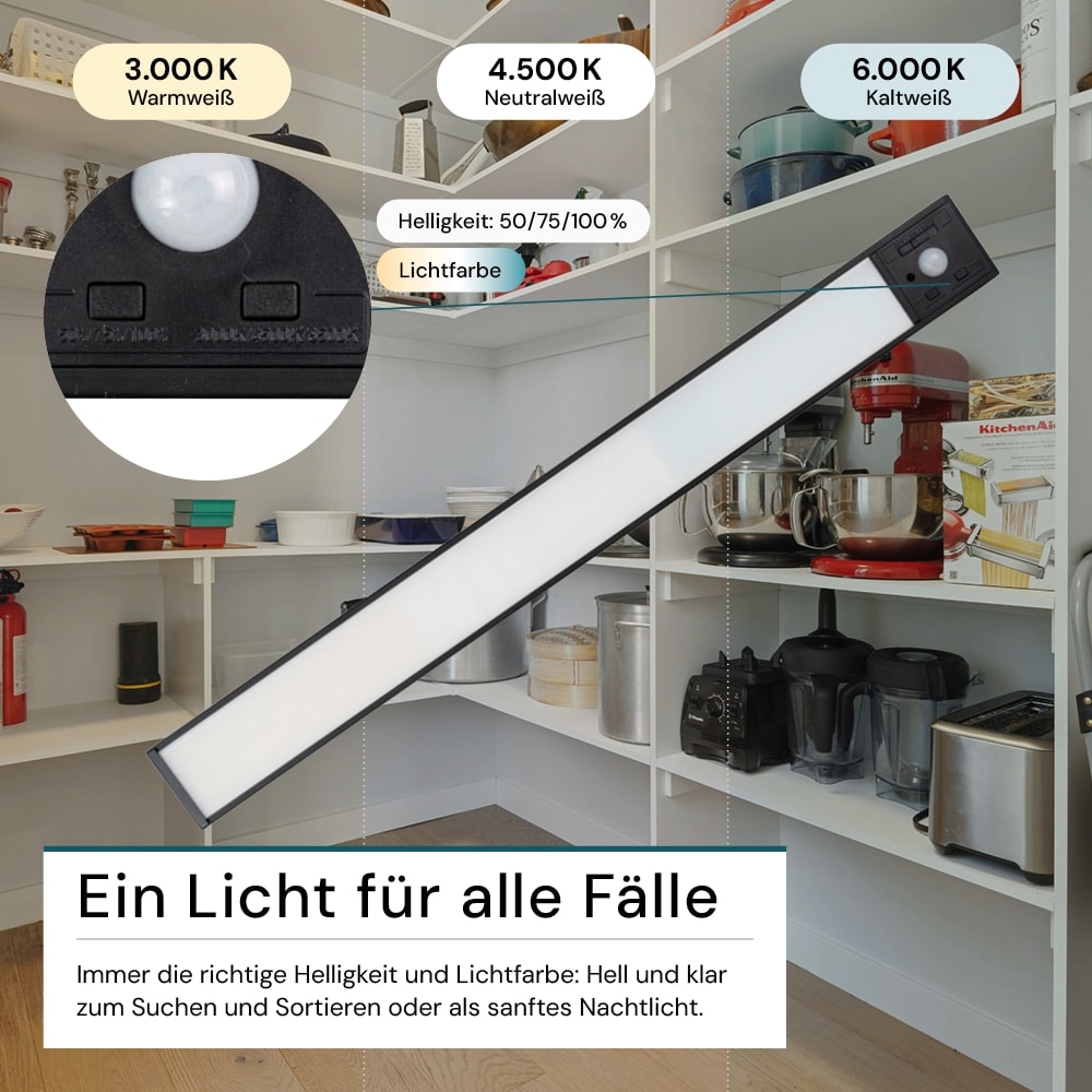 LUXULA LED-Schrankleuchte mit Bewegungsmelder, 4,07W, 140lm, CCT, IP20, schwarz, 60cm LUXULA LED-Schrankleuchte mit Bewegungsmelder, 4,07W, 1650lm, CCT, IP20, schwarz, 60cm