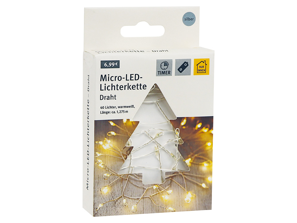 Micro-LED-Lichterkette, Silberdraht, 3 V, 40 LEDs, warmweiß, 1,25 m