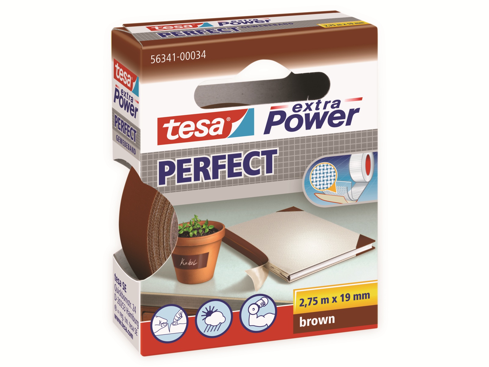 TESA extra Power® Perfect Gewebeband, braun, 2,75m:19mm, 56341-00034-03