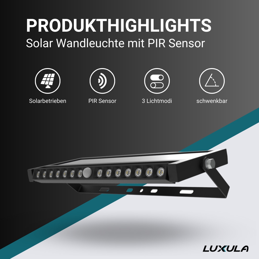 LUXULA Solar LED-Wandleuchte, 10 W, 1000 lm, PIR-Sensor, schwenkbar LUXULA Solar LED-Wandleuchte, 10 W, 1000 lm, PIR-Sensor, schwenkbar