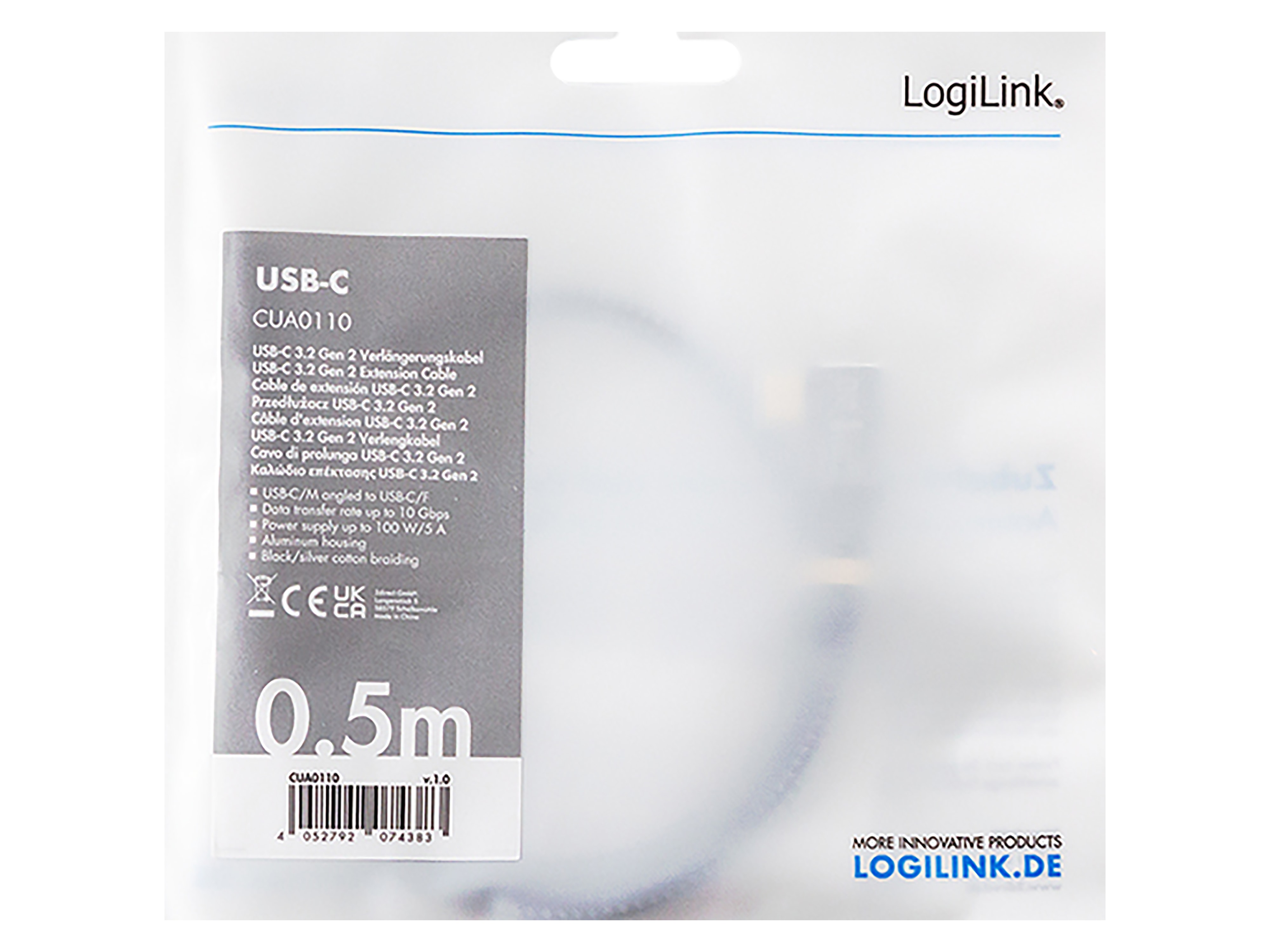 LOGILINK USB3.2 Kabel CUA0112 USB-C M 90°/USB-C F PD AV Alu 2m schwarz/grau LOGILINK USB3.2 Kabel CUA0112 USB-C M 90°/USB-C F PD AV Alu 2m schwarz/grau