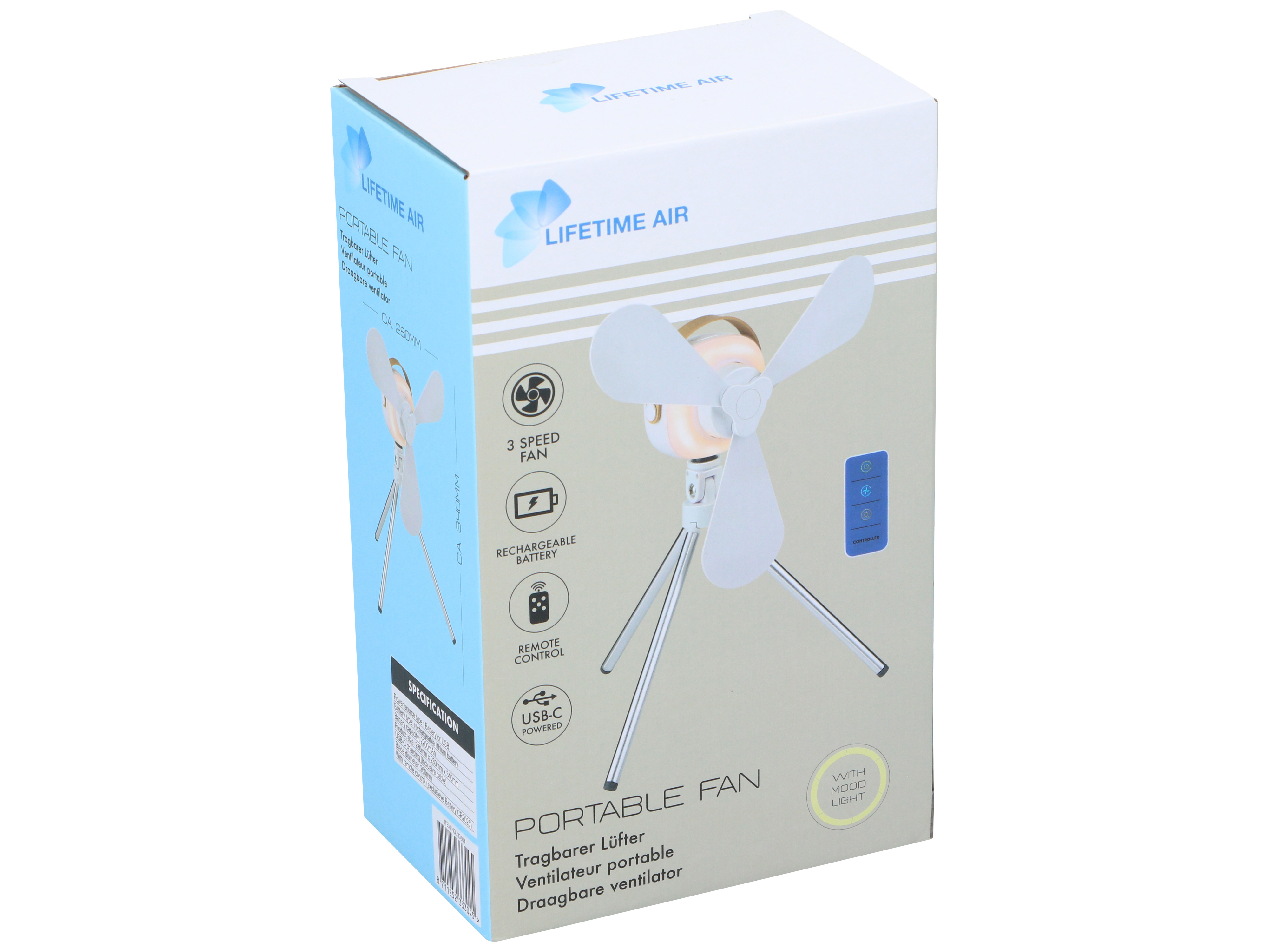 LIFETIME AIR Akku-Tischventilator, inkl. Nachtlicht, USB-C, 5V~, 2200mAh