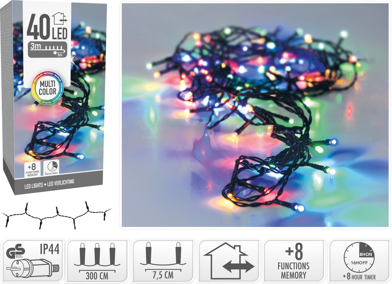 KOOPMAN LED-Lichterkette bunt, 40 LEDs, Grünes Kabel, Innen/Außen, 6m, 8 Funk.