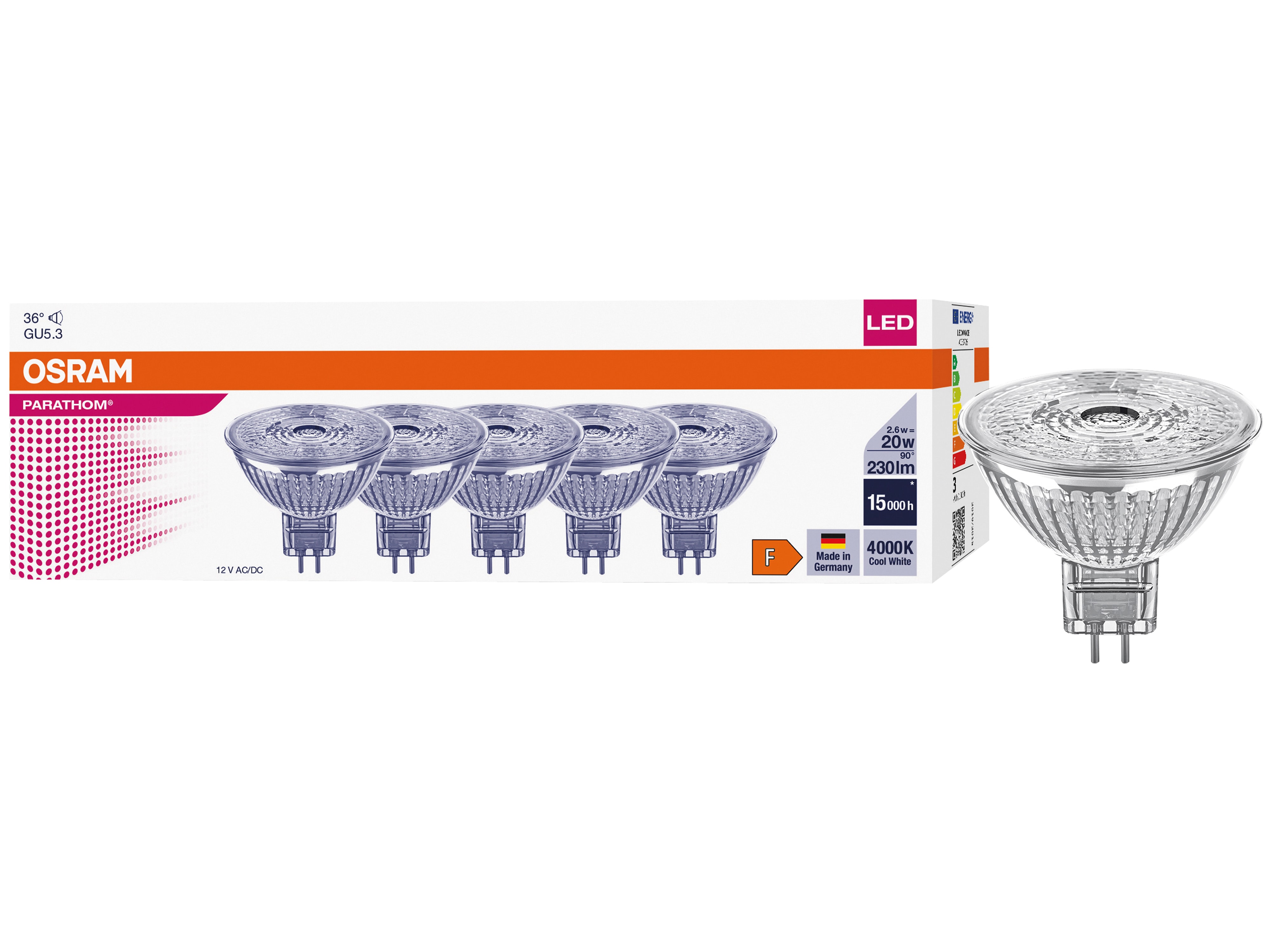 OSRAM LED-Reflektorlampe PARATHOM DIM, MR16, GU5.3, EEK: F, 2,6 W, 230 lm, 4000 K, 5 Stück OSRAM LED-Reflektorlampe PARATHOM DIM, MR16, GU5.3, EEK: F, 2,6 W, 230 lm, 4000 K, 5 Stück