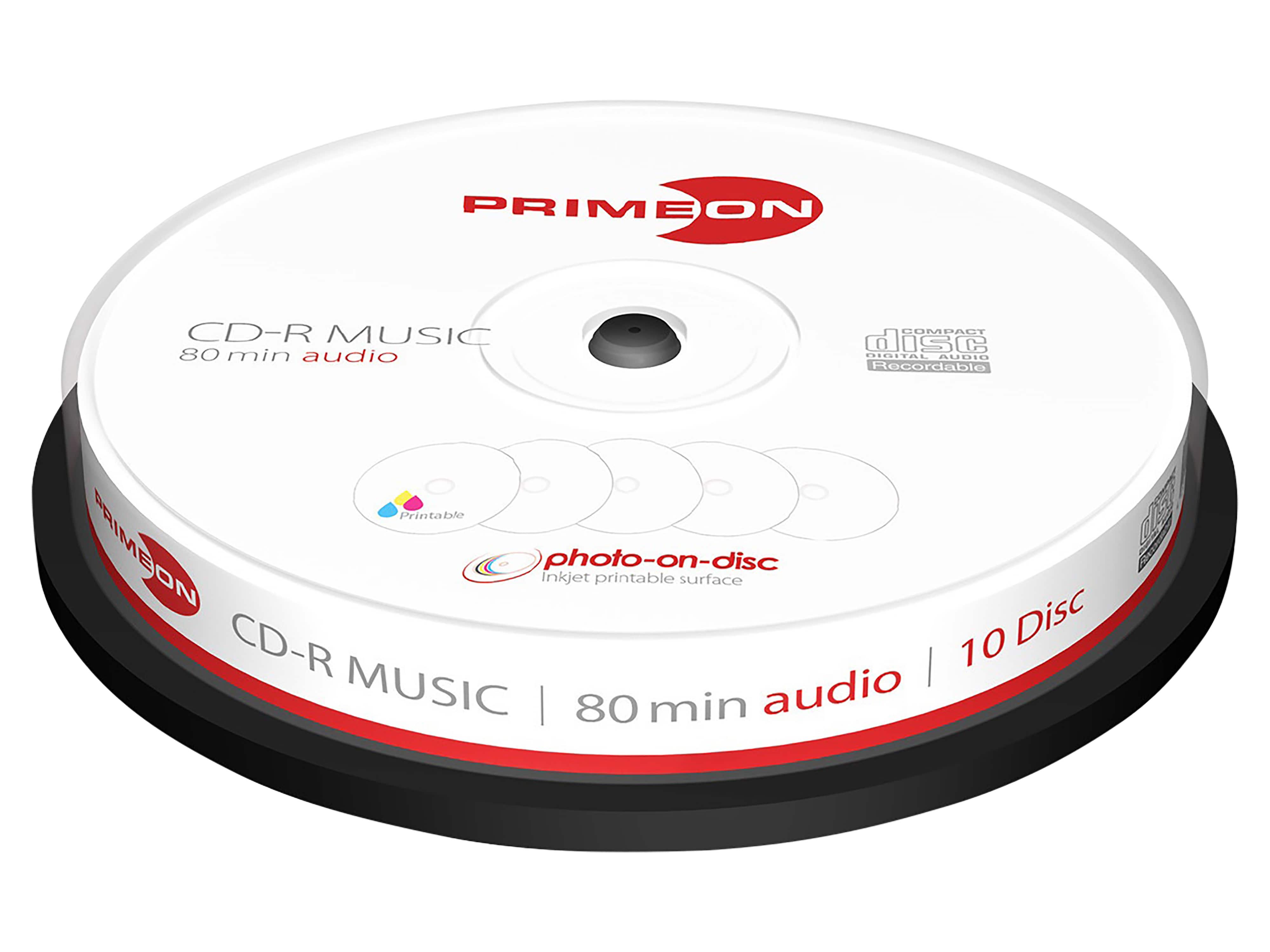 PRIMEON CD-Rohling CD-R 80Min Audio Cakebox 10 Stück printable