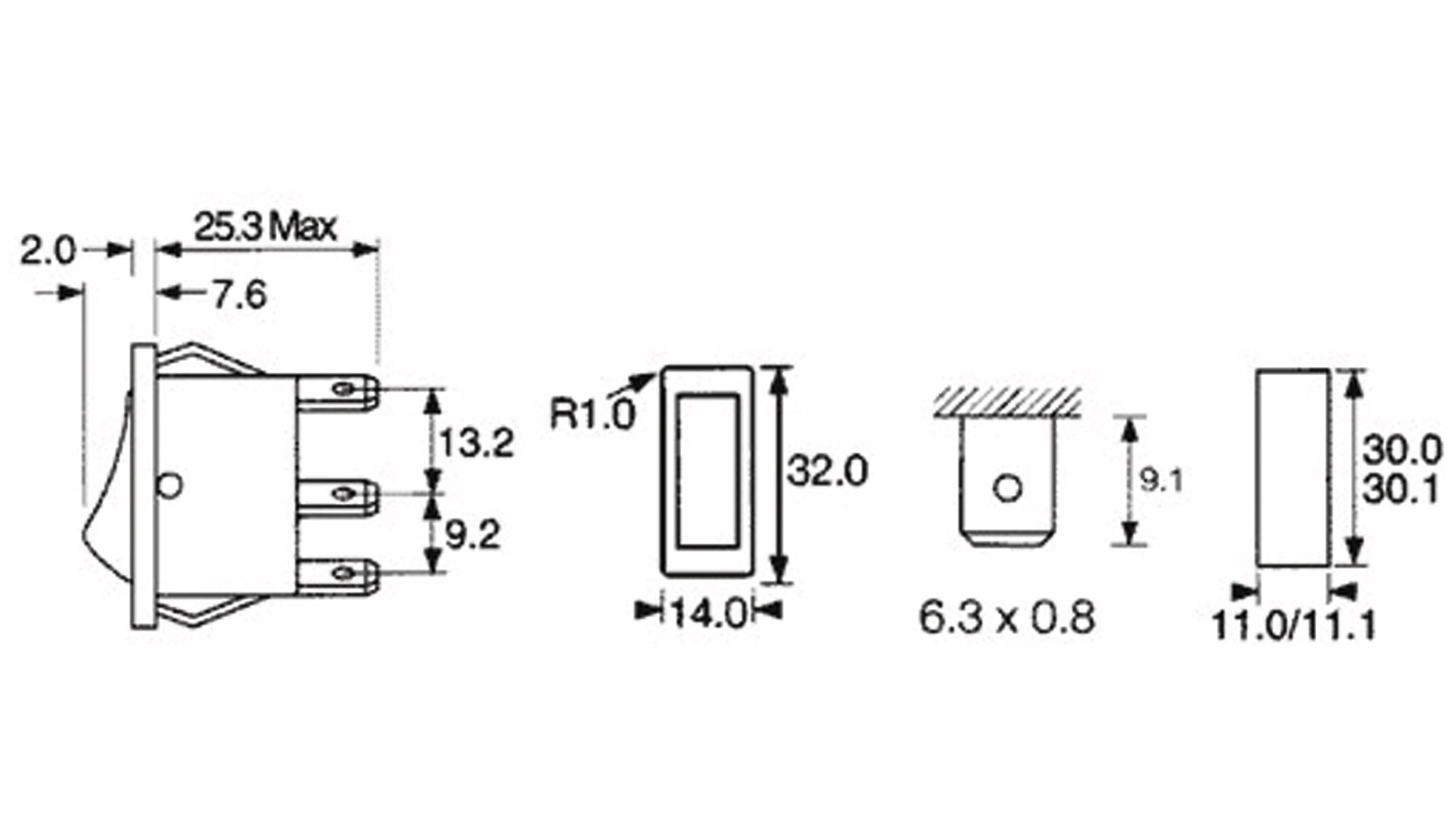 Wippenschalter 1-pol., I-0-I, 30x11mm, 16 A/ 250 V
