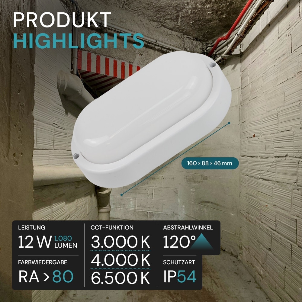 LUXULA LED-Kellerleuchte, 12W, EEK: F, 1080lm, CCT, IP54, weiß