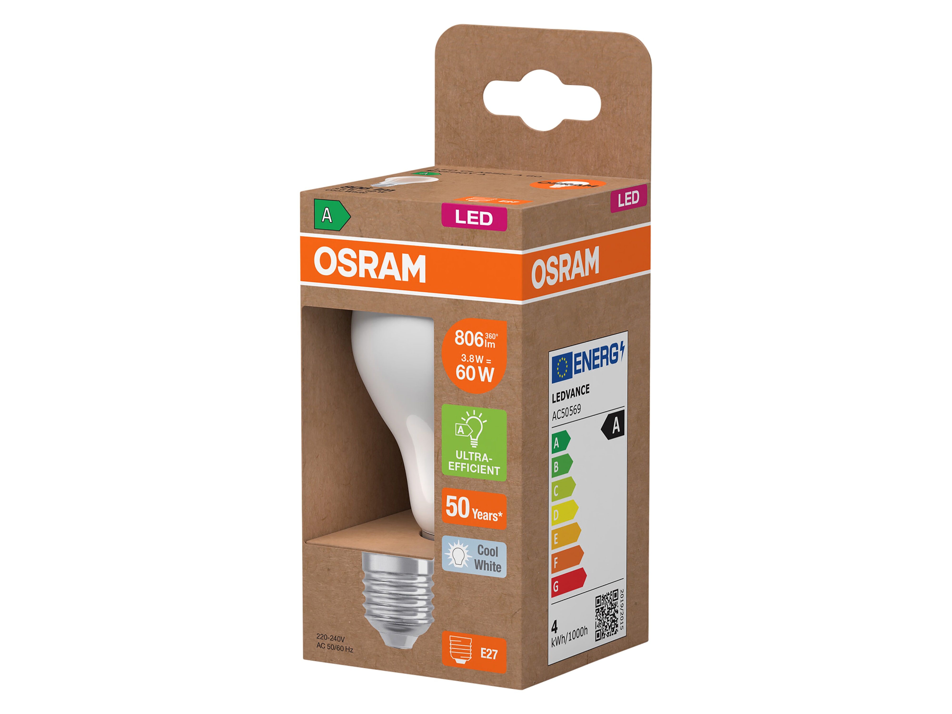 OSRAM LED-Lampe, Kolbenform, E27, 3,8 W, 4000 K, EEK: A, 806 lm, neutralweiß