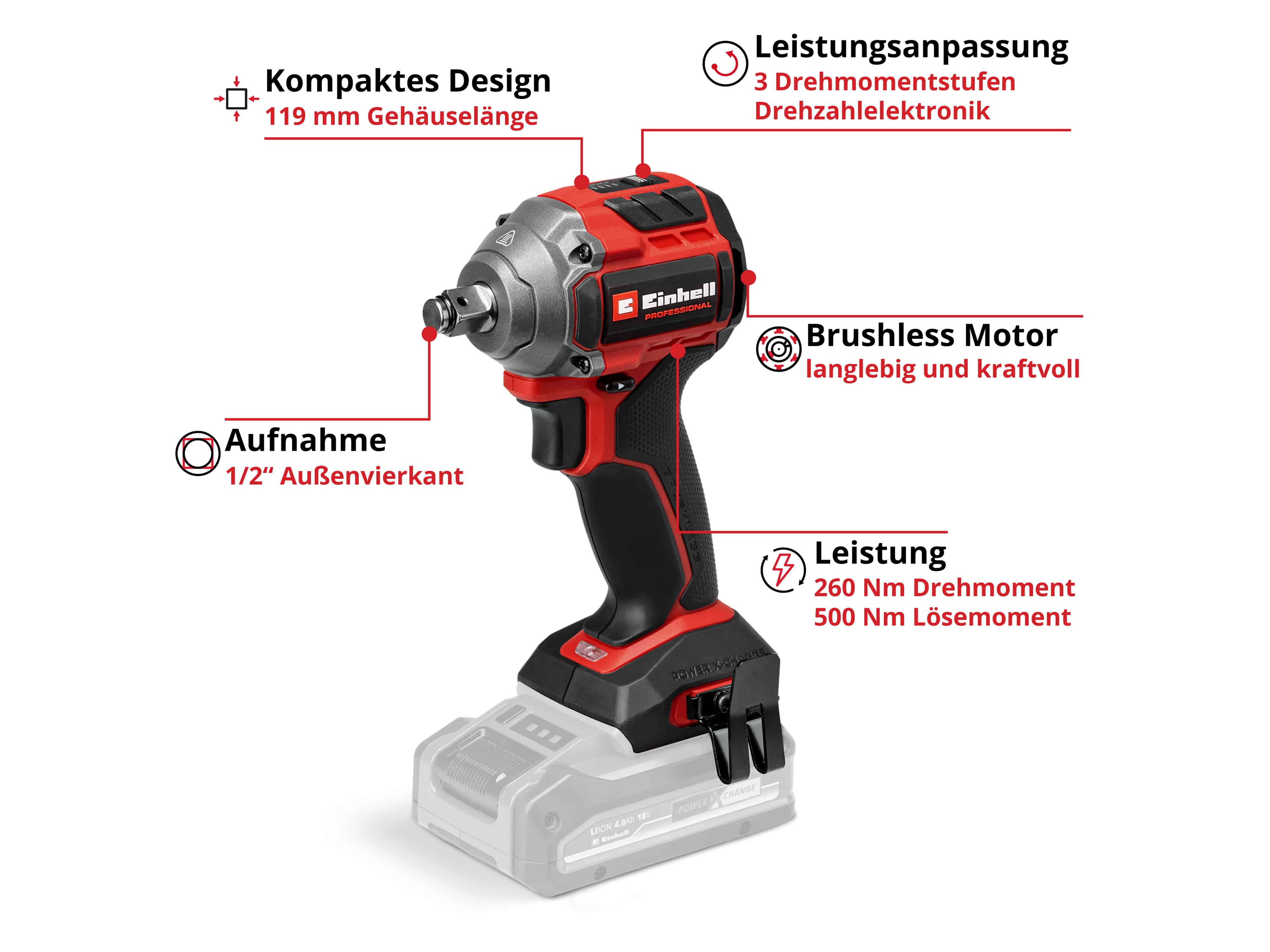 EINHELL PROFESSIONAL Akku-Schlagschrauber TP-CW 18/260-C Li BL, 4510090, Solo