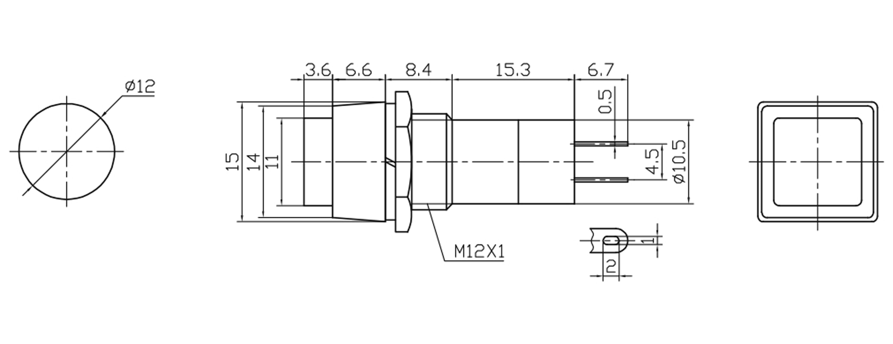 Einbau-Druckschalter PBS-12A, quadratisch, Ein/Aus, rot