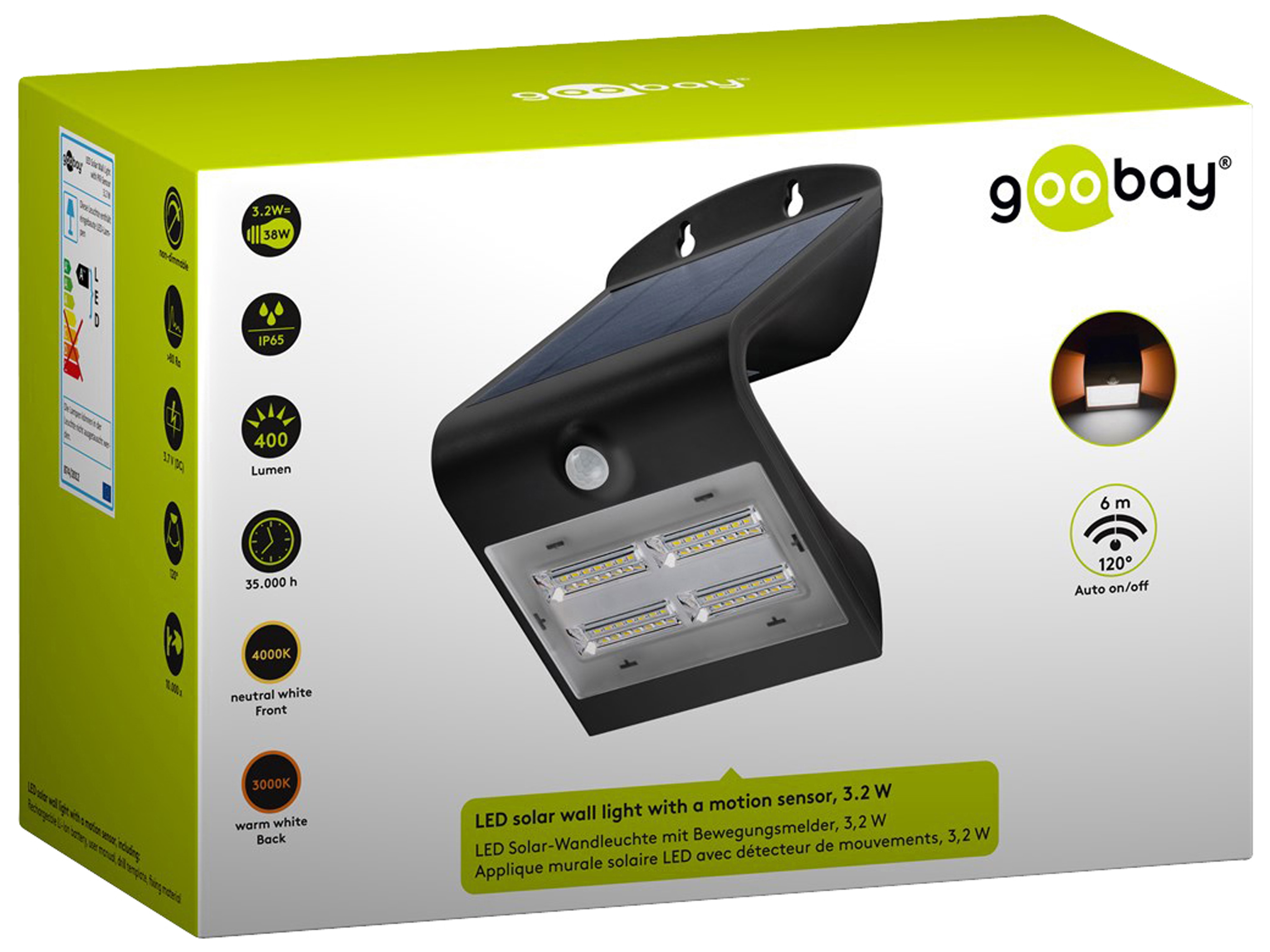 GOOBAY Solar LED-Wandleuchte mit Bewegungsmelder, 3,2 W, schwarz