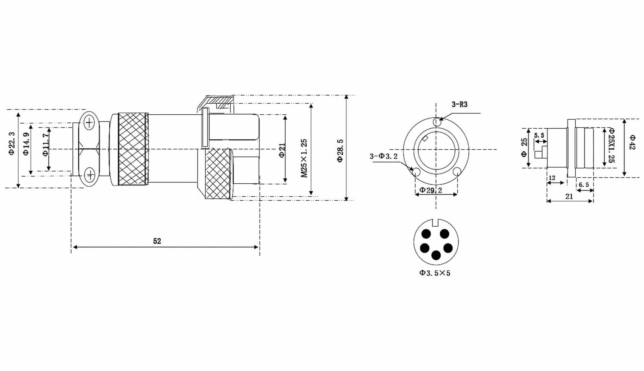 Hochstrom Einbaustecker-Set, 5-polig, Ø 25 mm, mit Abdeckkappe Hochstrom Einbaustecker-Set, 5-polig, Ø 25 mm, mit Abdeckkappe