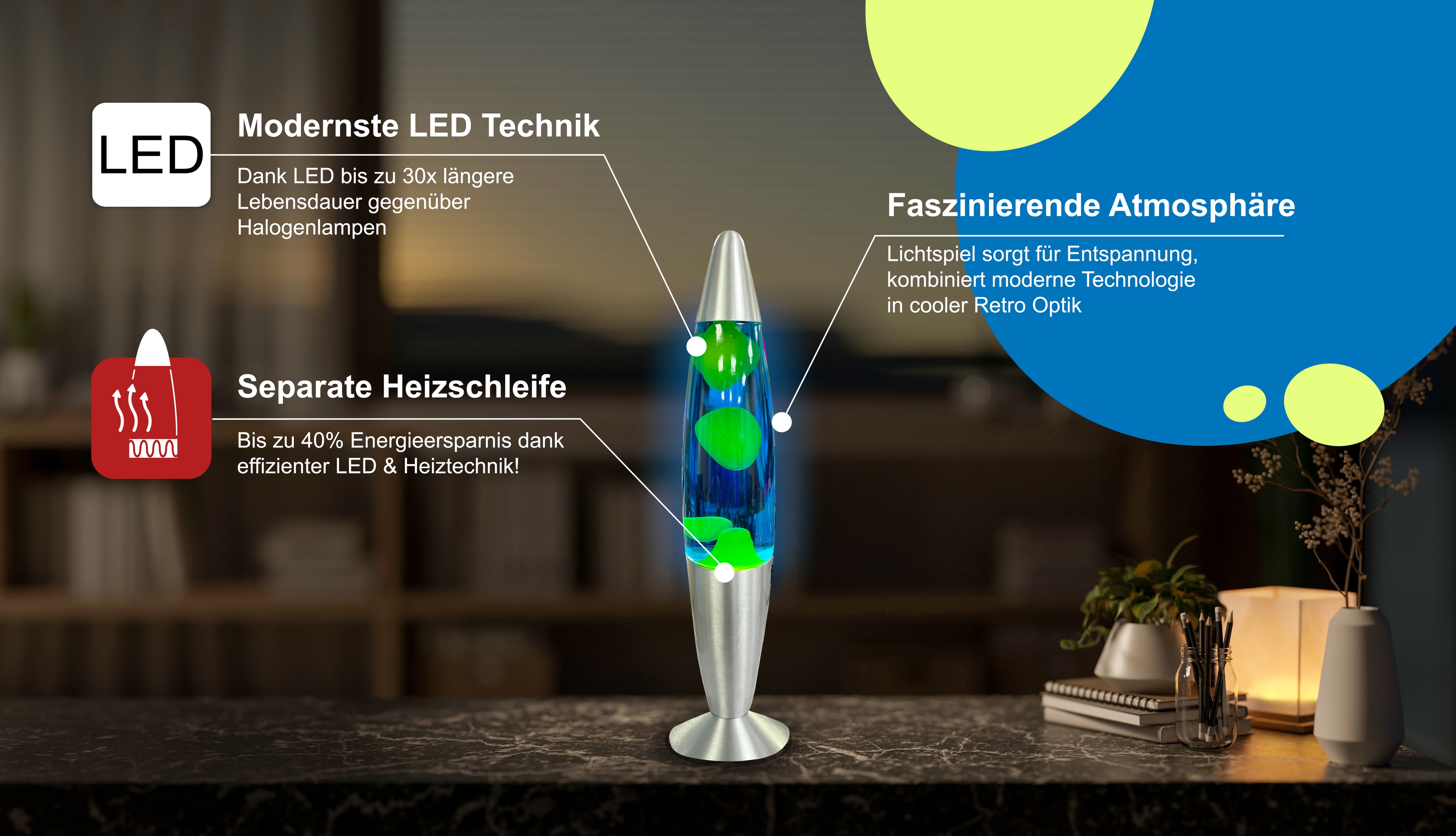 BLULAXA LED-Lava-Tischleuchte, 50961, 20W, 34 cm, gelb/blau