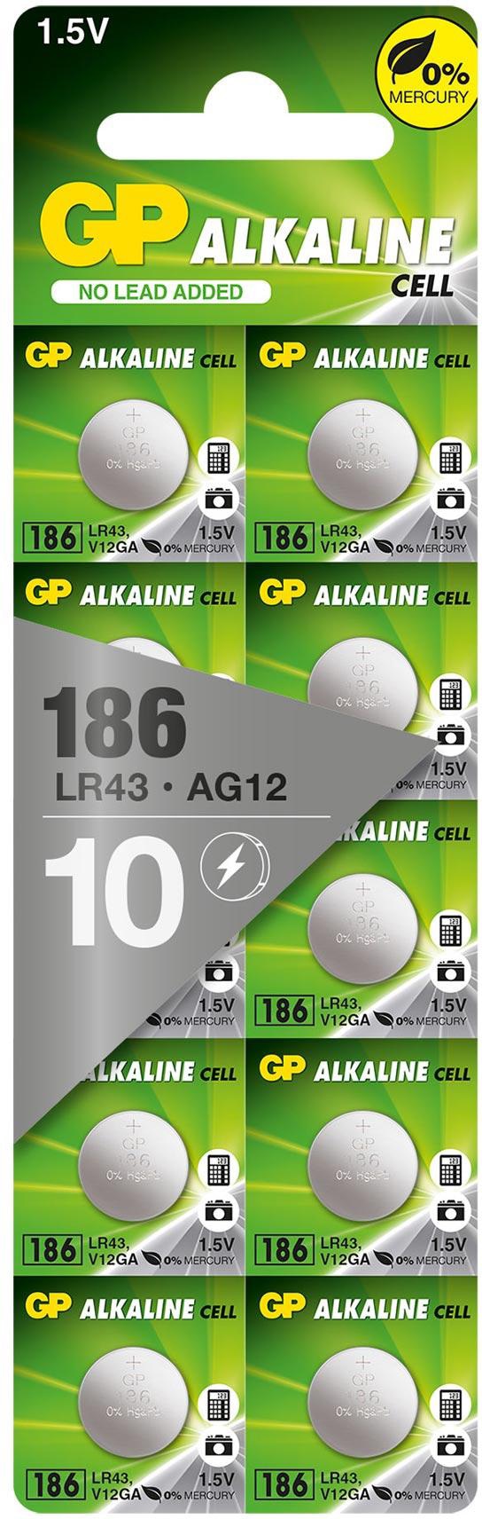 GP Alkaline-Knopfzelle LR43 V12GA, 1,5V, 10 Stück