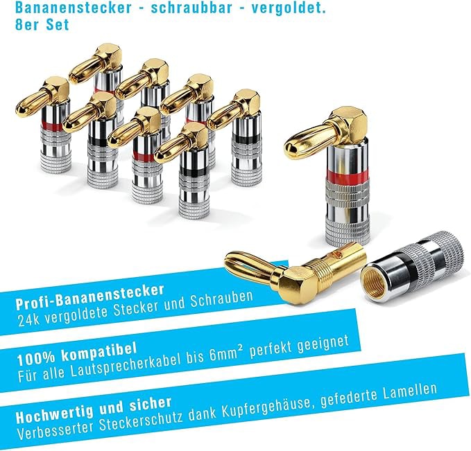 Bananenstecker SONERO S-SC090-08, gewinkelt 90° vergoldet 8er Set