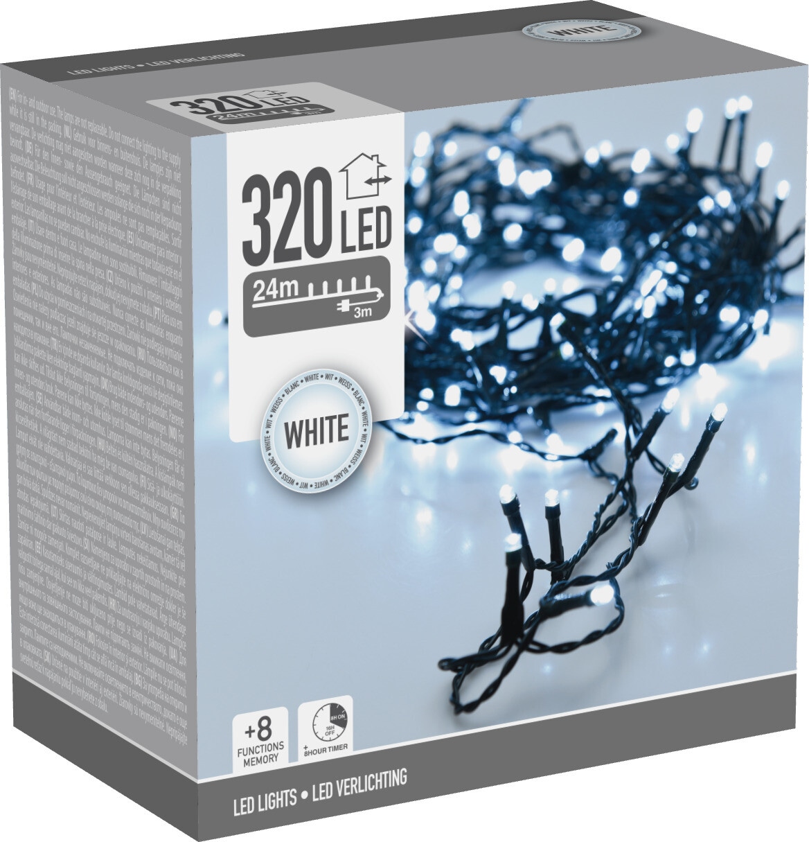 LED-Lichterkette, 320 LEDs, kaltweiß, 230 V~, grün, Innen/Außen, 27 m, Timer LED-Lichterkette 320 LEDs, Grünes Kabel, Innen/Außen, kaltweiß, 27 m