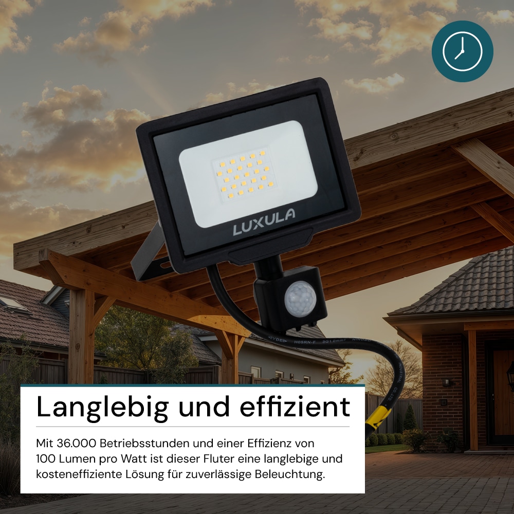 LUXULA LED-Fluter mit Bewegungsmelder, EEK: F, 20W, 2000lm, 4000K, schwarz
