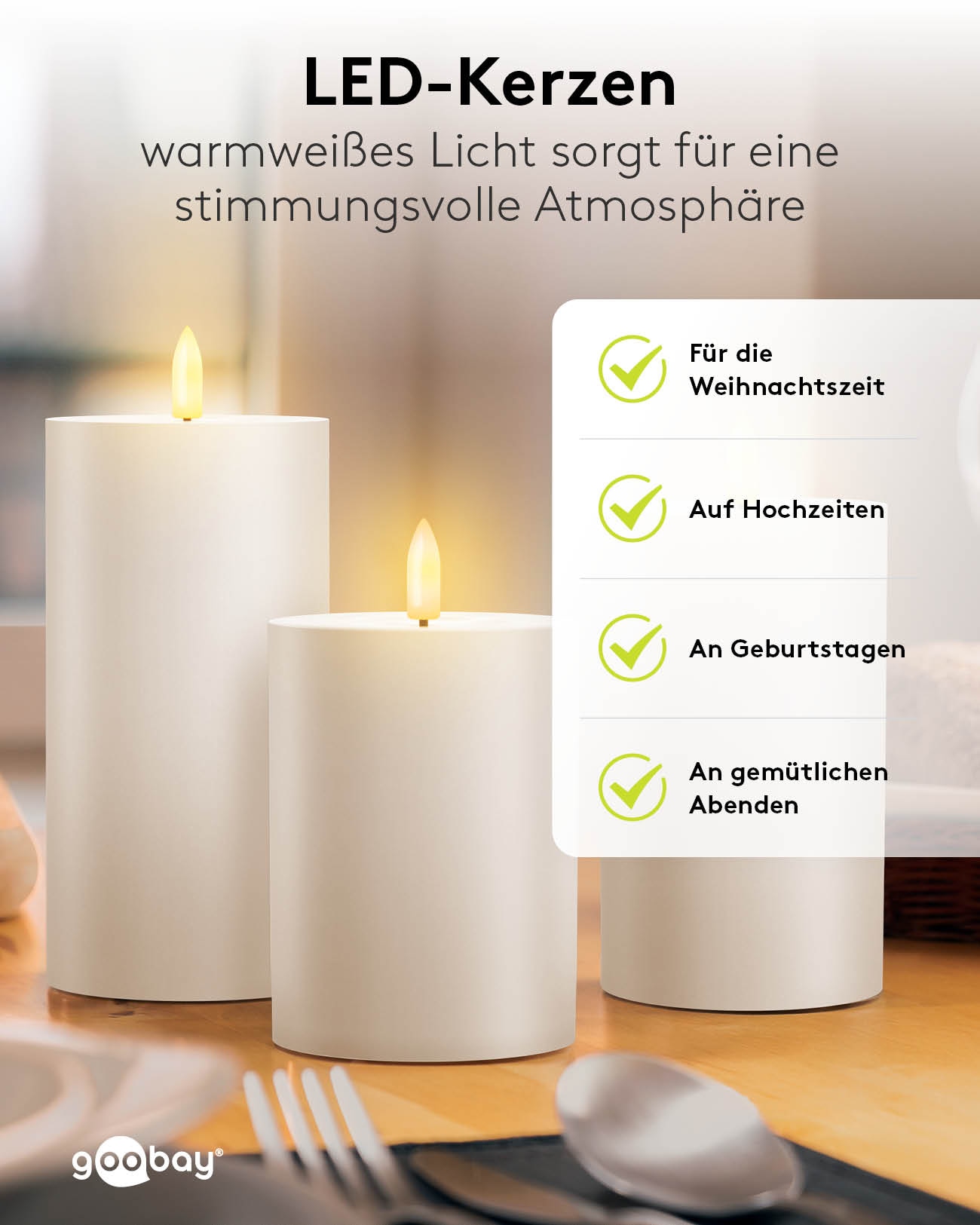 GOOBAY LED-Kerzen 64786, 3er Set, mit Fernbedienung, warmweiß