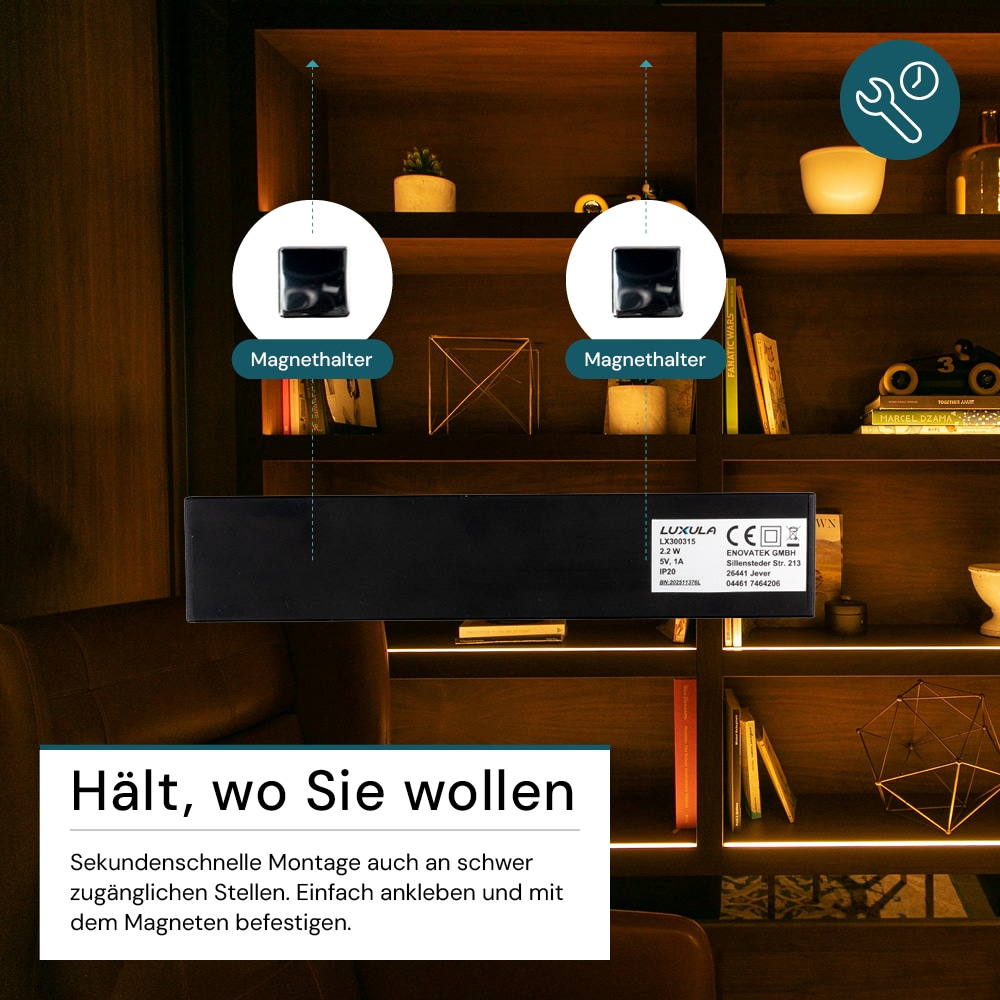 LUXULA LED-Schrankleuchte mit Bewegungsmelder, 2,2W, 450lm, CCT, IP20, schwarz, 20cm