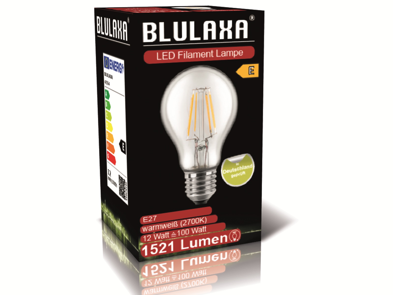 BLULAXA LED-Filament-Lampe, A60, E27, EEK: E, 12 W, 1521 lm, 2700 K