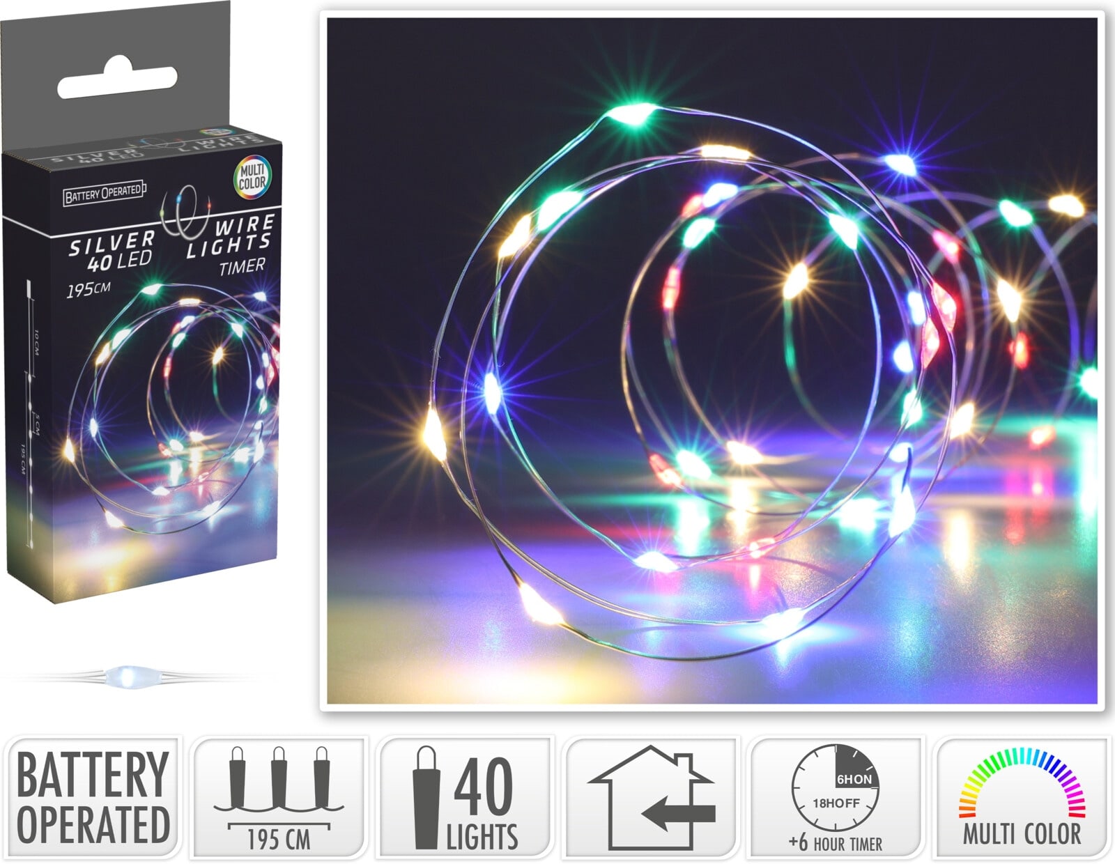 LED-Silberdrahtlichterkette, 40 LEDs, bunt, Batterie, Innen, 2 m, Timer LED-Lichterkette, Silberdraht, 40 LEDs, bunt, Batteriebetrieb, Timer
