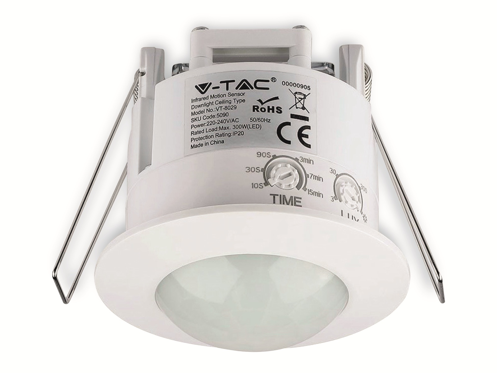 V-TAC Einbaubewegungsmelder VT-5090, 360°, IP20, weiß