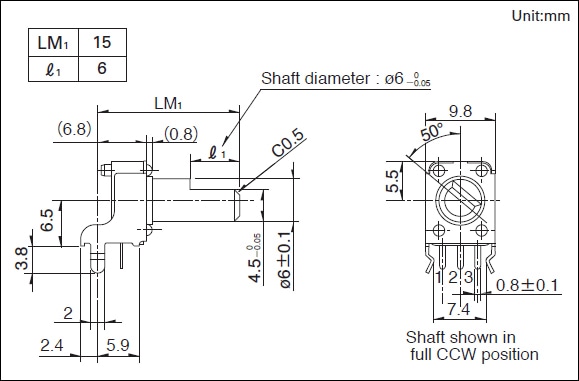 ALPS Kohleschicht-Poti. RK09K/D, liegend, 10k lin.
