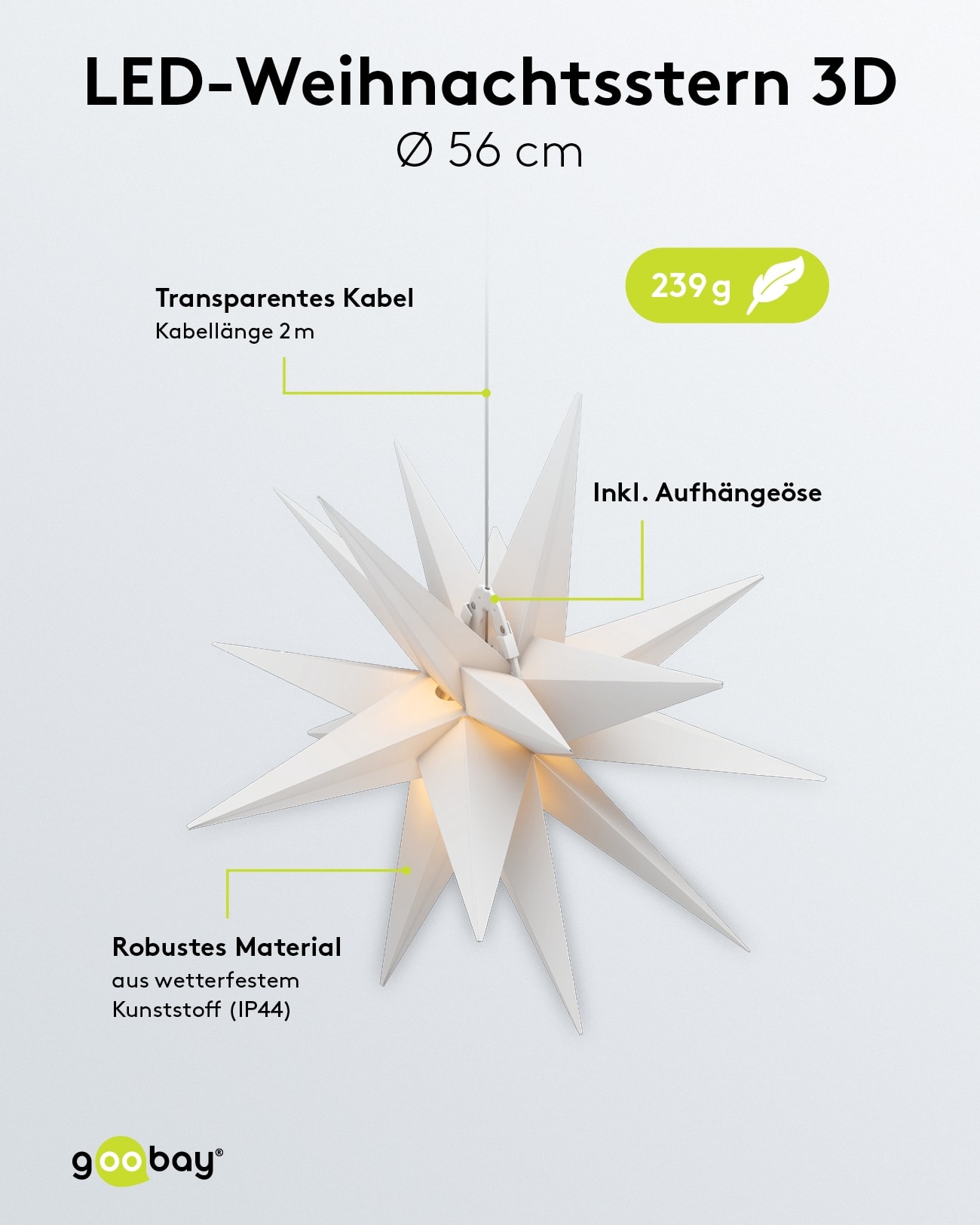 GOOBAY LED-Stern, 18 Zacken, 56cm, Outdoor, Timerfunktion, Batteriebetrieben