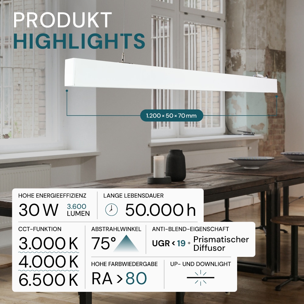 LUXULA LED-Büro-/Tresenleuchte, 30W, 3000/4000/6500K, EEK: E, 3600lm, IP20, weiß