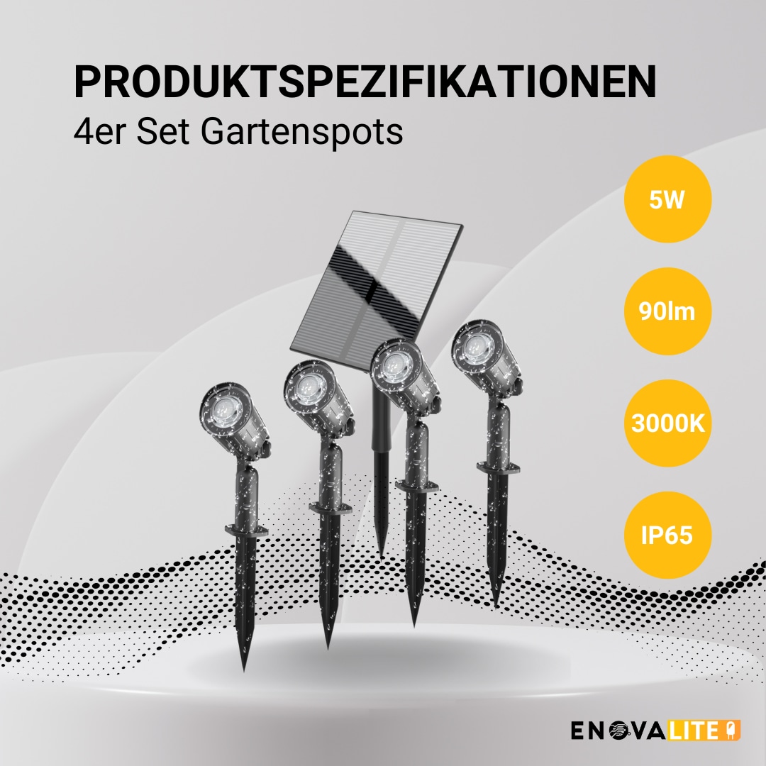 ENOVALITE Solar LED-Gartenstrahler, 4-Stück, 5 W, 90 Lm, 3-Lichtmodi ENOVALITE Solar LED-Gartenstrahler, 4-Stück, 5 W, 90 Lm, 3-Lichtmodi