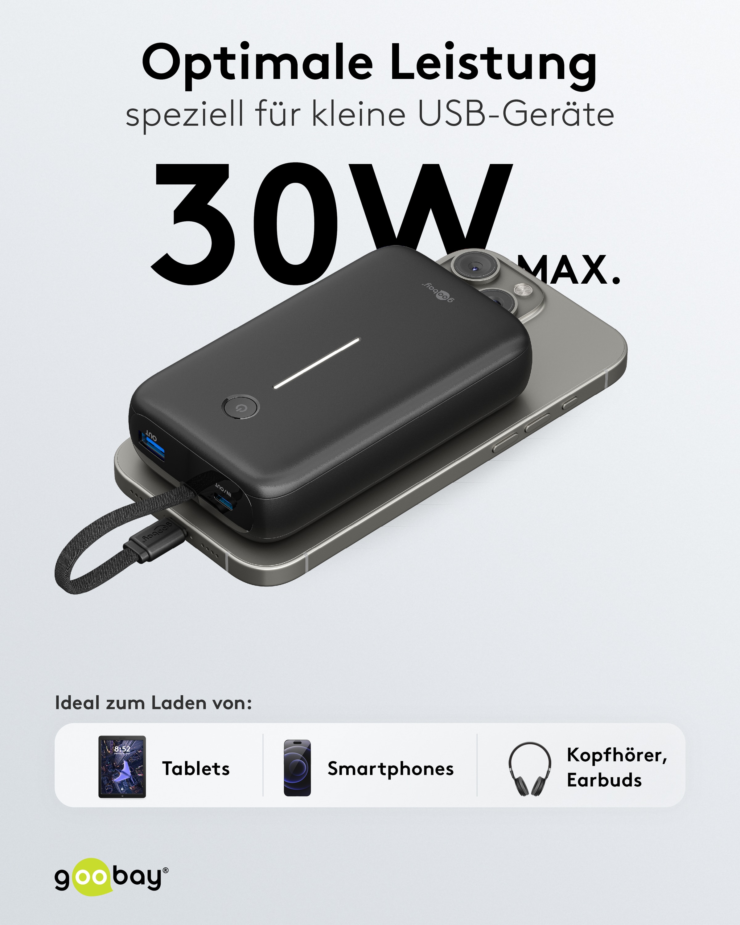 GOOBAY USB Powerbank 76252, 20.000mAh, 30 W, USB-A, 2x USB-C, schwarz