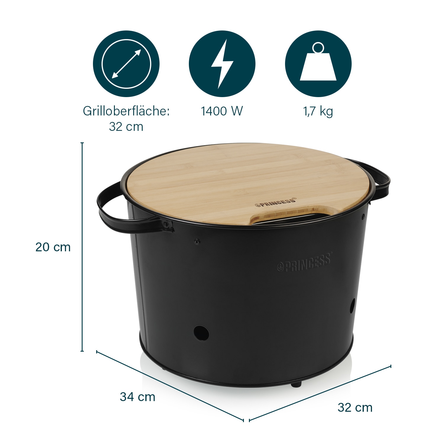 PRINCESS Elektrogrill 112240 Hybrid Grill, Ø 32 cm, 1400 W