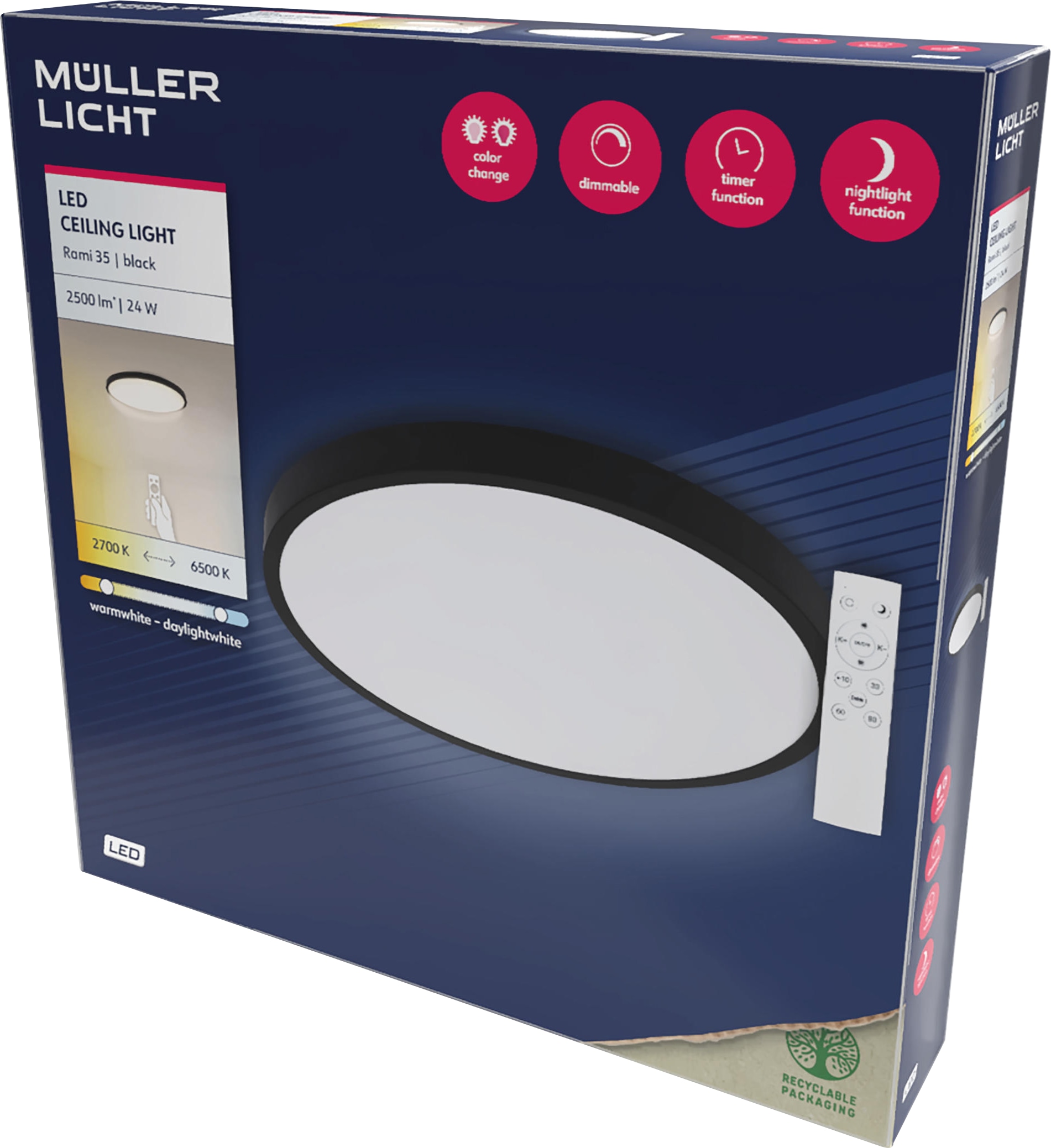 MÜLLER-LICHT LED-Deckenleuchte Rami 36 black, 24W, 2500lm, 2700-6500K, IP20, CCT MÜLLER-LICHT LED-Deckenleuchte Rami 36 black, 24W, 2500lm, 2700-6500K, IP20, CCT